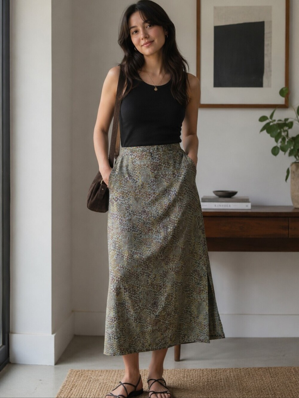 Peruvian Connection Skirt Olive Brown Tones Size 14 Zipper Pima Cotton
